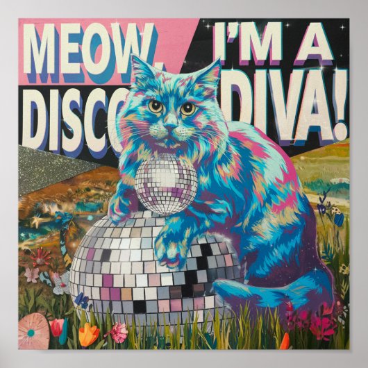 Poster chat sur un diva disco boule de disco (Devant)