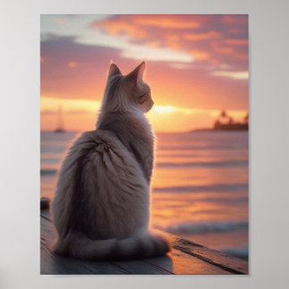 Poster Chat sur un quai avec un coucher de soleil et un a