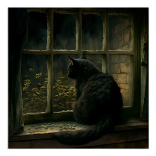 Poster Chat sur une tige de fenêtre