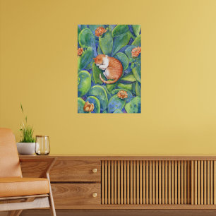 Poster Chat Tabby Rouge Endormi Parmi l'Art de Cactus en