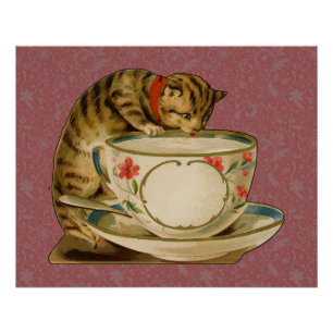 Poster Chat Tasse à Thé Mignon Vintage Victorien Animal C