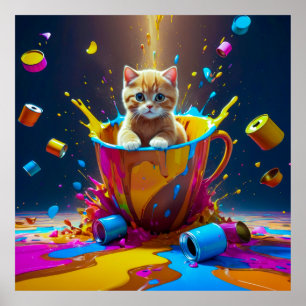 Poster Chat-tastrophe coloré : Quand la peinture rencontr