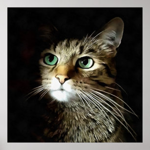 Poster Chat Tigre aux Yeux Verts Isolés sur Fond Noir
