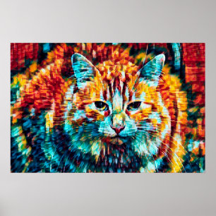 Poster Chat tigré bohème orange bleu coloré hippie