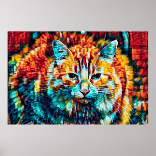 Poster Chat tigré bohème orange bleu coloré hippie