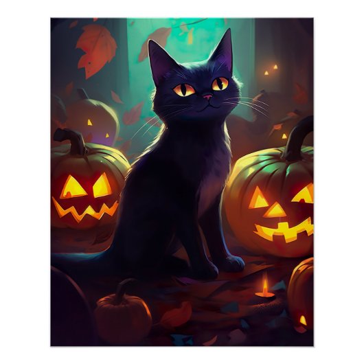 Poster Chat Tuxedo d'Halloween avec citrouilles effrayant (Devant)