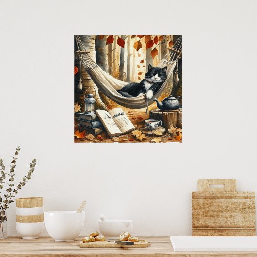 Poster Chat Tuxedo noir et blanc Dreaming of Adventure (Cuisine)