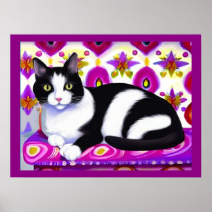 Poster Chat Tuxedo noir et blanc sur un coussin
