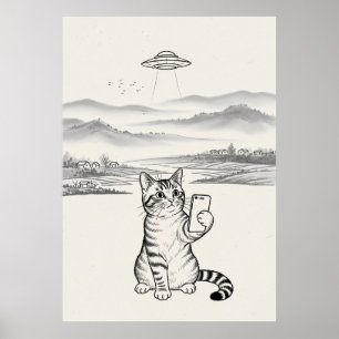 Poster Chat UFO Minimaliste Chat Noir et Blanc
