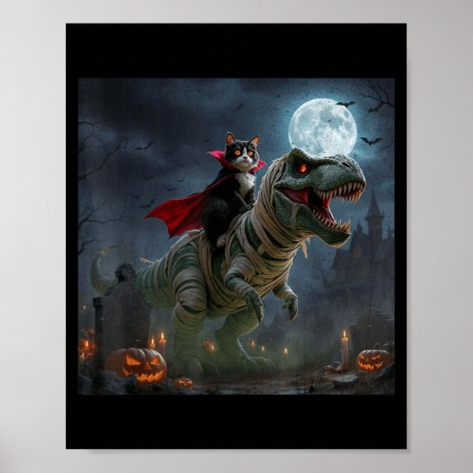 Poster Chat Vampire Drôle qui Monte un T-Rex Halloween Mi (Devant)