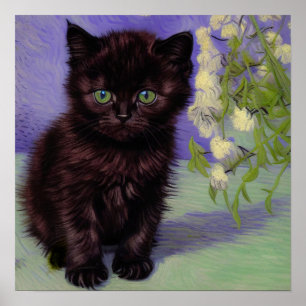 Poster Chat Van Gogh avec fleurs blanches