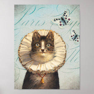 Poster Chat vintage avec collier et papillons