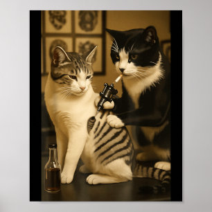 Poster Chat Vintage Fumant Tatouage Encreuse Artiste Drôl