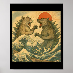 Poster Chat Vs Chien Kaiju Monstre Japonais Style Ukiyo-e
