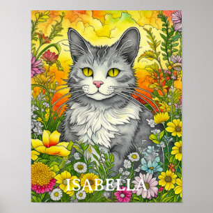 Poster Chat Whimsical Personnalisé et Fleurs