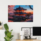 Poster Château asiatique du coucher de soleil sur le jard (Bureau à domicile)