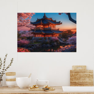 Poster Château asiatique du coucher de soleil sur le jard