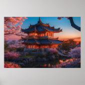 Poster Château asiatique du coucher de soleil sur le jard (Devant)