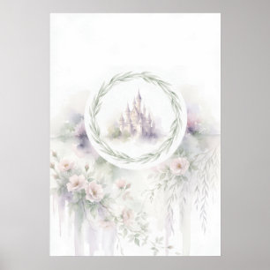 Poster Château de conte de fées pastel Couronne florale d