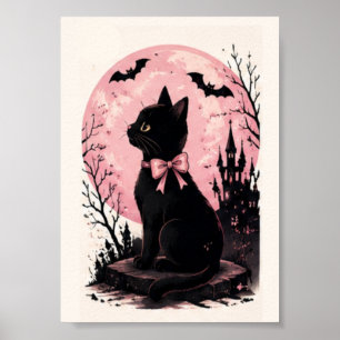 Poster Château de la pleine lune rose Chat noir