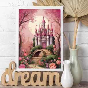 Poster Château de l'Imaginaire magique rose mignon