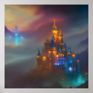 Poster Château Doré or bleu fantaisie magique 5