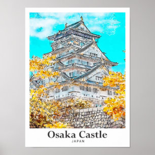 Poster Château d'Osaka Japon Voyage Aquarelle main tirée