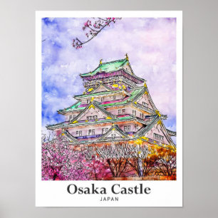 Poster Château d'Osaka Japon Voyage Aquarelle main tirée