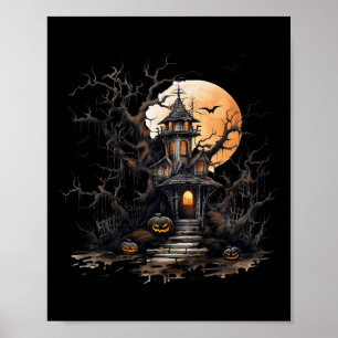 Poster château hanté citrouille halloween cauchemar