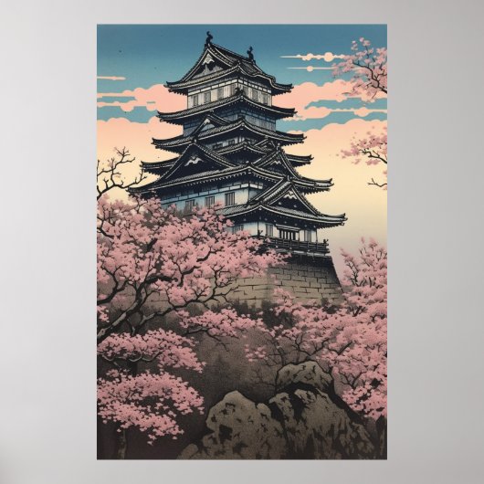Poster Château Himeji avec fleurs de cerisiers Art japona (Devant)