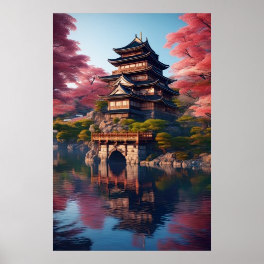 Poster Château japonais au bord de l'eau (Devant)