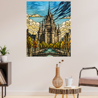 Poster Château Médiéval au-dessus du Canal Art de Verre d