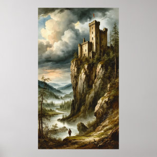 Poster Château médiéval dramatique perché sur une falaise