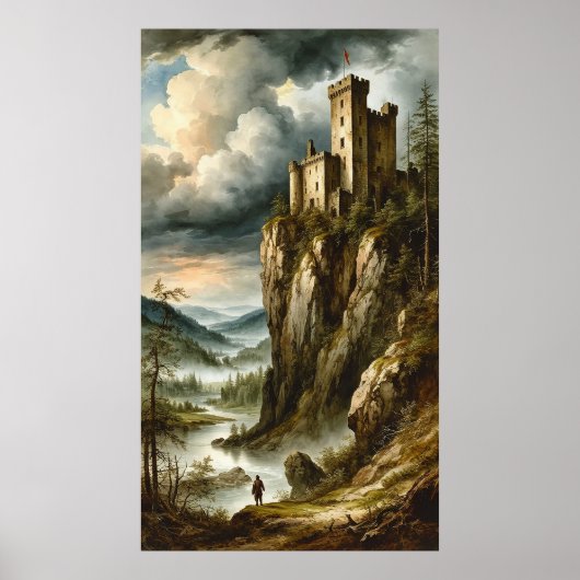 Poster Château médiéval dramatique perché sur une falaise (Devant)