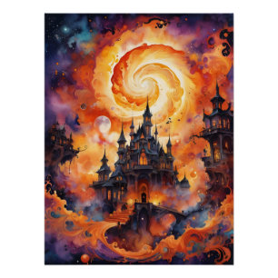 Poster Château nocturne d'Halloween Orange