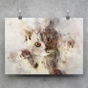 Poster Chaton à l'aquarelle joueur avec des yeux ambre br