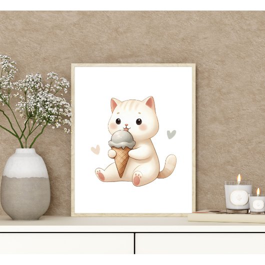 Poster Chaton aquarelle fantaisiste avec cône de glace