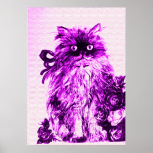 Poster Chaton avec des roses , violet pourpre et blanc