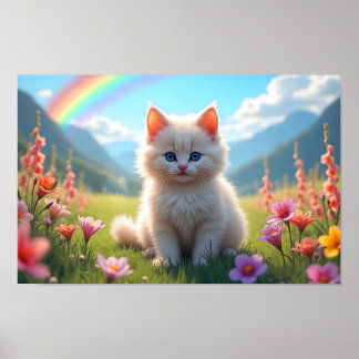 Poster Chaton blanc dans la prairie d'Imaginaire Pittores