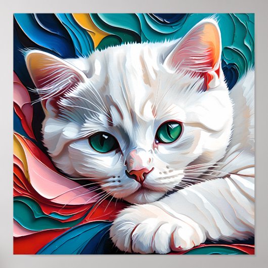 Poster Chaton Blanc Rêveur – Art Abstrait de Chat aux Pas (Devant)