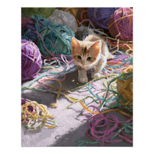 Poster Chaton Calico Enjoué Chaos de Fil Coloré Art