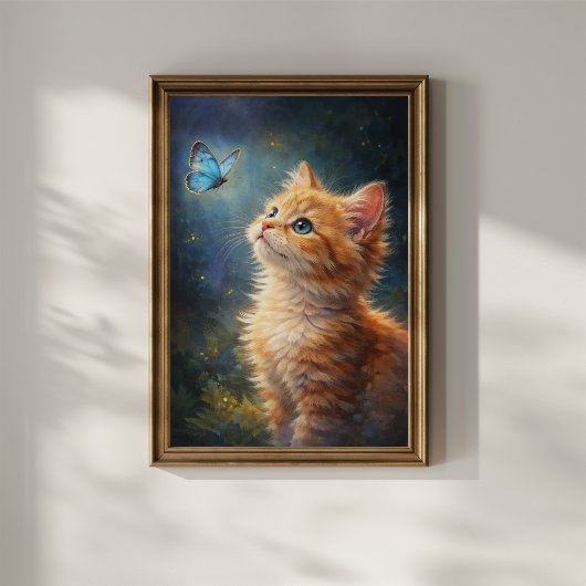 Poster Chaton et papillon bleu