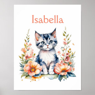 Poster Chaton gris personnalisé dans des fleurs roses