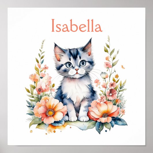 Poster Chaton gris personnalisé dans des fleurs roses (Devant)