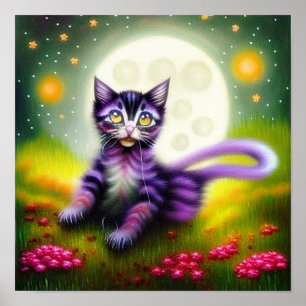 Poster chaton Imaginaire et lune