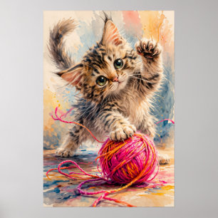 Poster Chaton Jouant avec du Fil Rose Amateur de Chats