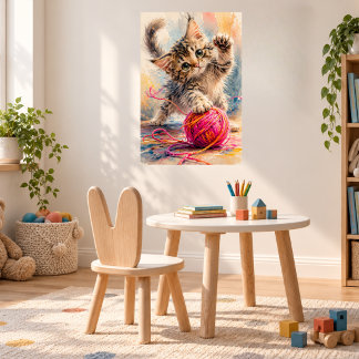 Poster Chaton Jouant avec du Fil Rose Amateur de Chats