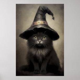 Poster Chaton noir dans un imprimé de chapeau de sorcière