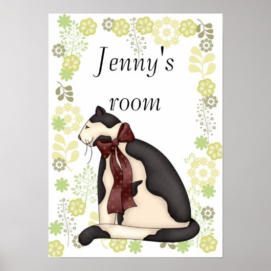Poster Chaton noir et blanc avec bordure florale (Devant)