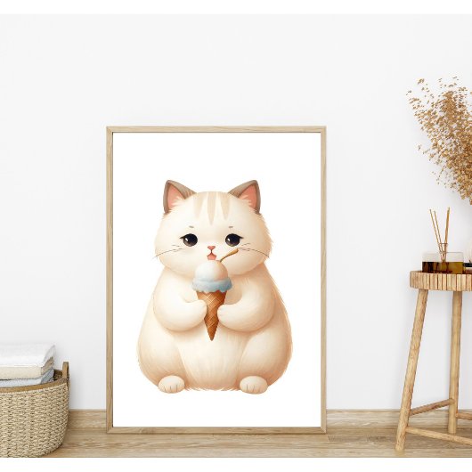 Poster Chaton Rond Mignon Pastel avec Cône de Glace